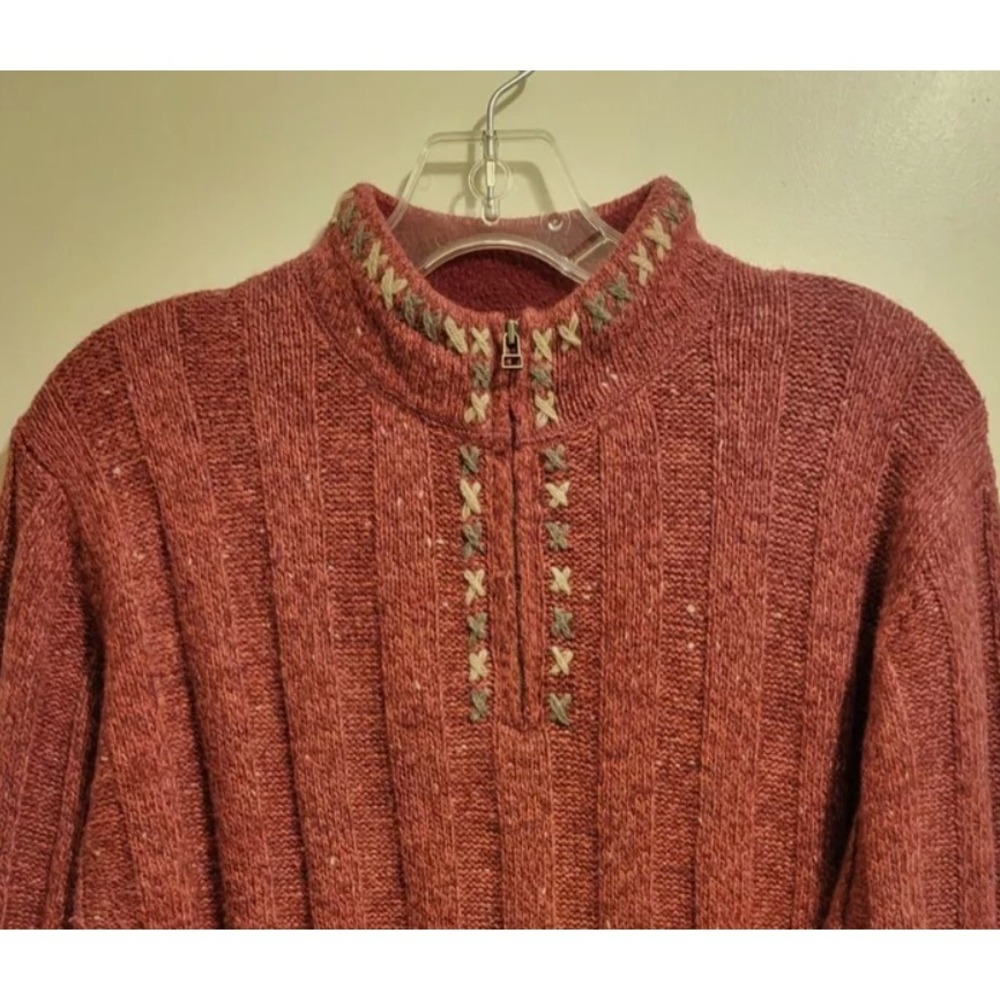 Woolrich Womens Large Burgundy Red Quarter Zip Cable Knit Embroidered Sweater